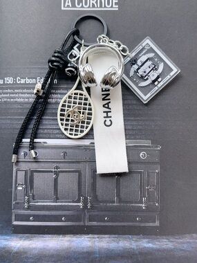 Authentic CHANEL Ribbon with unbranded Tennis Racket & Headphone Bag phone Charm